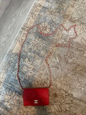 Red Quilted Mini Crossbody wallet with Gold Chain and Logo